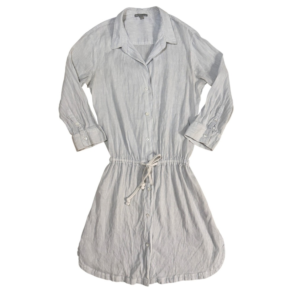 James Perse Linen Blend Shirt Dress L Coastal Button Down Drawstring Waist Sz 3 - Picture 3 of 10